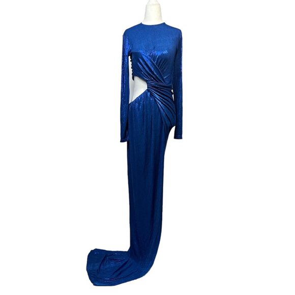 Balmain Womens Draped Laminated Jersey Long Dress in Bleu Electric 38 New Gown - Picture 5 of 16